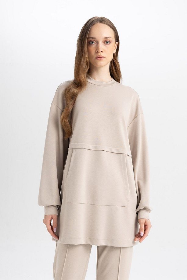 Regular Fit Bisiklet Yaka Kanguru Cepli Basic Düz Sweatshirt Tunik B0039ax24au - 1