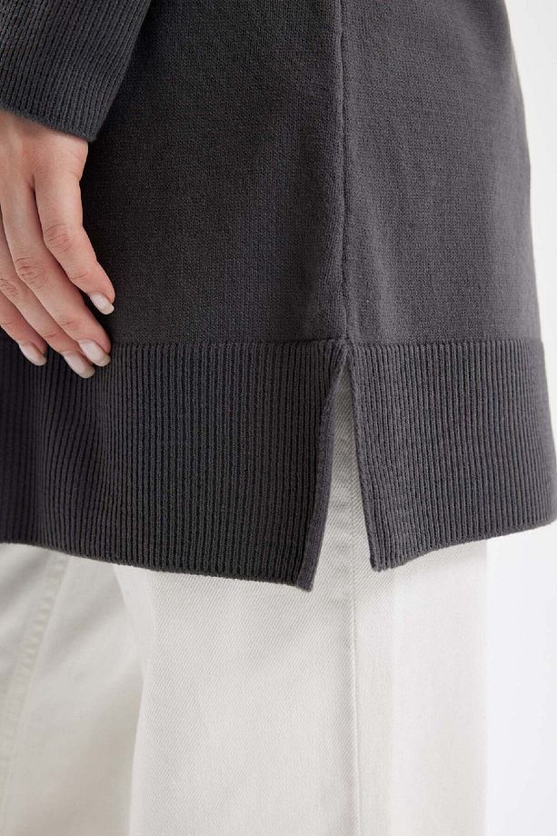 Regular Fit Bisiklet Yaka Yırtmaçlı Basic Düz Triko Kazak Tunik H3431az24au - 6