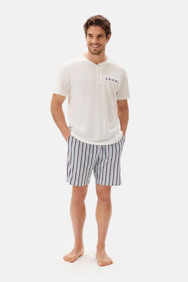 Ekru Yarım Patlı Kısa Kollu Şort Pijama Takımı - 1