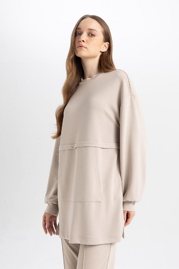 Regular Fit Bisiklet Yaka Kanguru Cepli Basic Düz Sweatshirt Tunik B0039ax24au - 4