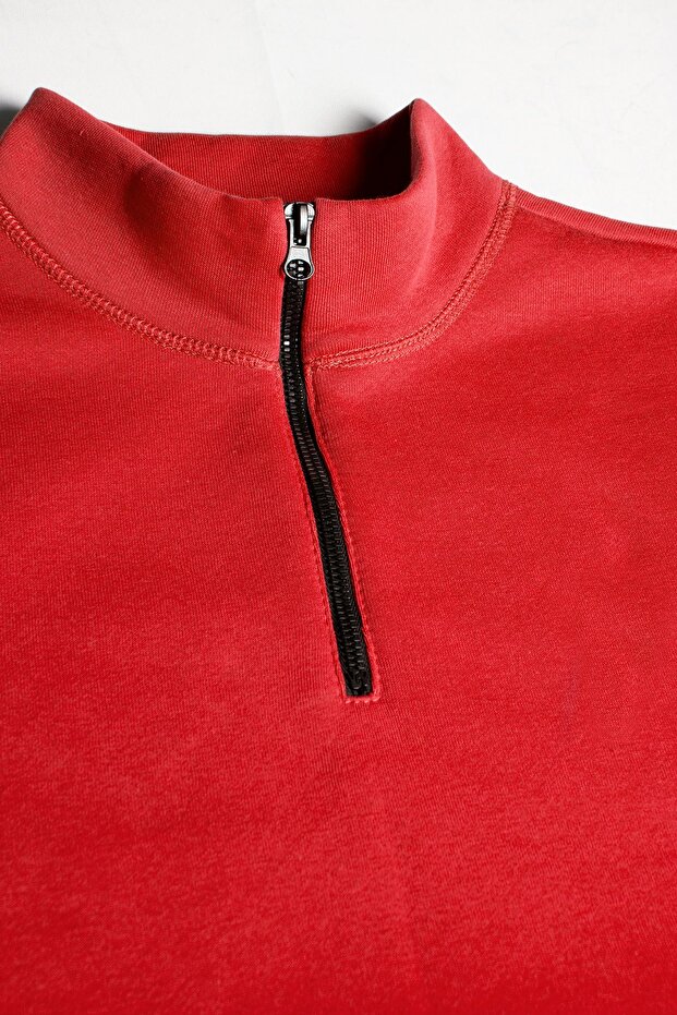Men's Light Red Basic Plain Sweatshirt - Half Zipper - 4