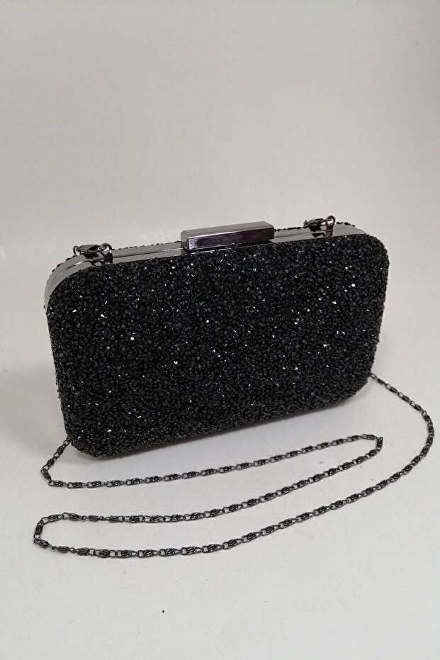 Yakamoz Black Women's Stoned Evening Dress Clutch Portfolio Bag