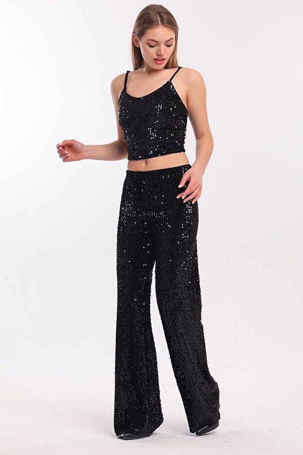 Lined Elastic Wide Leg Sequined Plus Size Evening Dress Pants | Pnt34693 Black Black