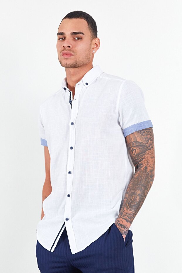 White Linen Effect Short Sleeve Shirt | Mes 111873 -01