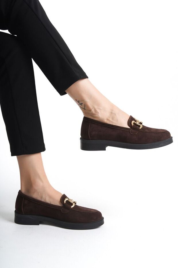 Genuine Suede Leather Brown Buckle Lofer