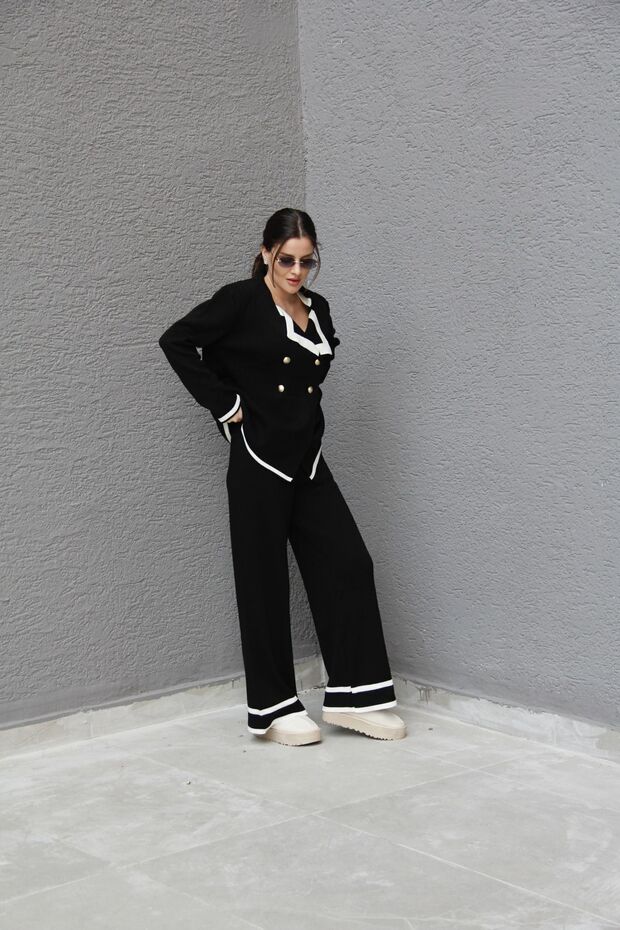 Women's Black 2 Oversize Double-Breasted Cardigan Pants Set Acrylic Knitwear