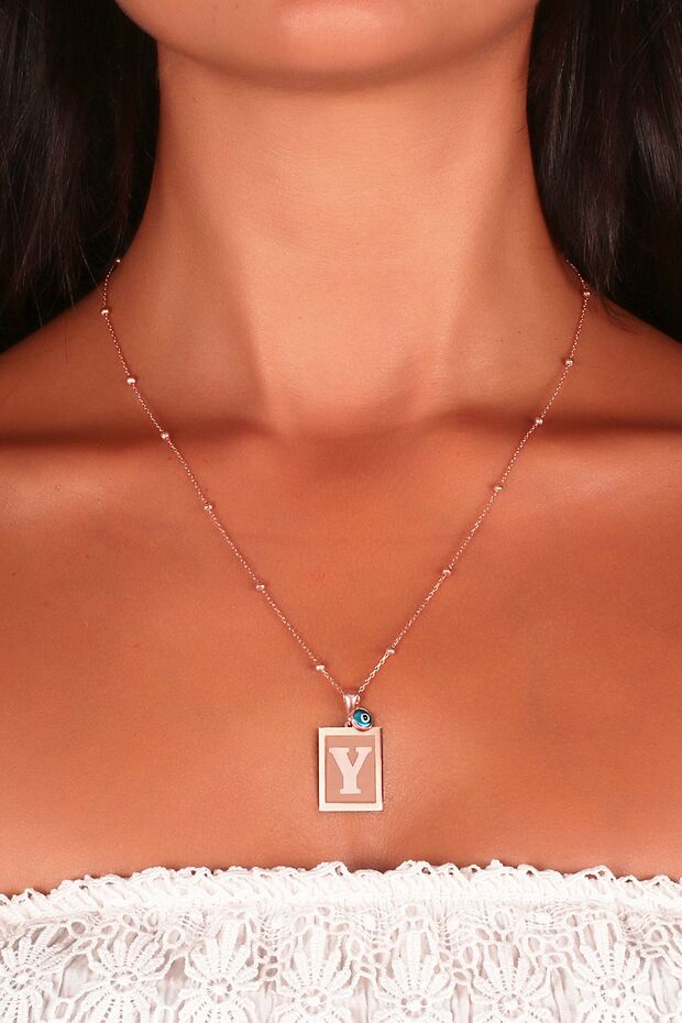 925 Ayar Rose Kaplamalı Nazarlı Plaka Model Y Harf Gümüş Kolye - 1