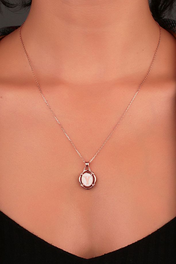 925 Ayar Rose Kaplamalı Beyaz Mineli Y Harfi Gümüş Kolye - 3