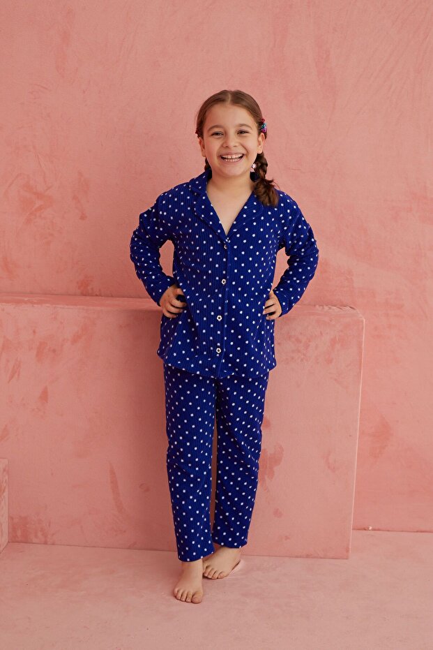 Fleece Pajama Set - Blue, Point Pattern and Buttoned Front - 3