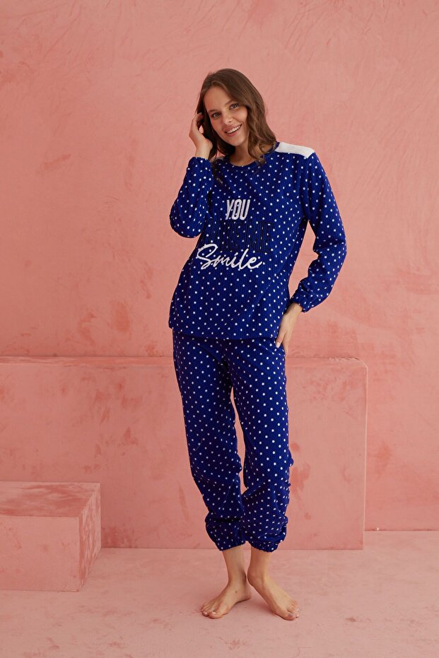 Mavi Smile Puan Desenli Bisiklet Yaka Peluş Polar Pijama Takım - 2