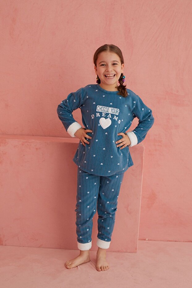 Yeşil Dreams Kalp Desenli Bisiklet Yaka Peluş Polar Pijama Takım - 3