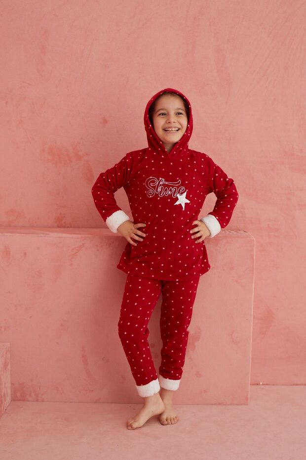 Kırmızı Shine Yıldız Desenli Bisiklet Yaka Peluş Polar Pijama Takım - 3