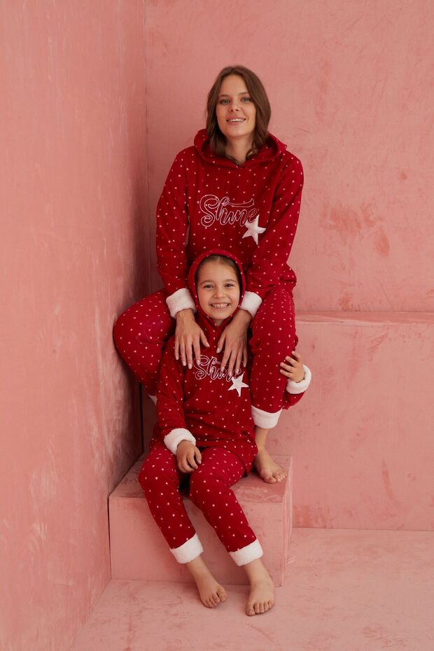 Kırmızı Shine Yıldız Desenli Bisiklet Yaka Peluş Polar Pijama Takım - 1