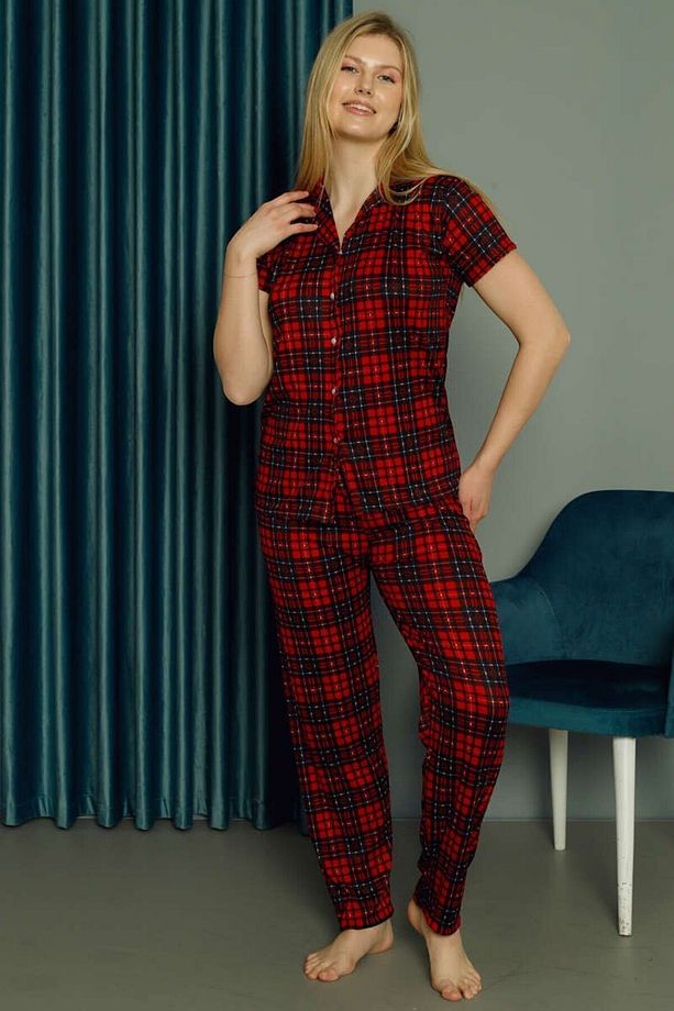 IŞILAY Kısa Kollu Yazlık Boydan Düğmeli Ekoseli Kadın Pijama Takımı - 1