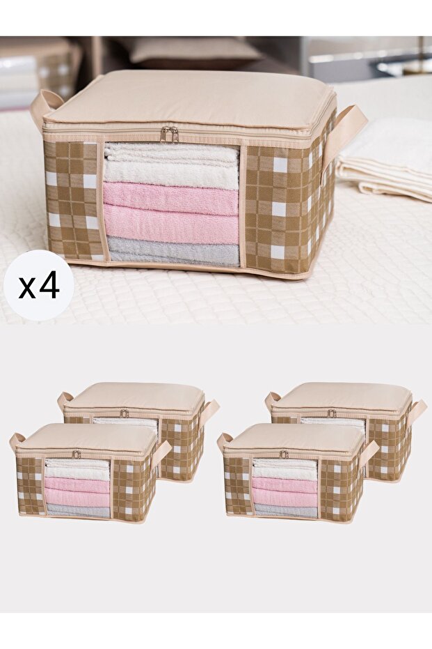4 Pieces Small Size Beige Square Plaid Storage Organizer with Window under Bed Cabinet and Suitcase Organizer 40X30X20 cm