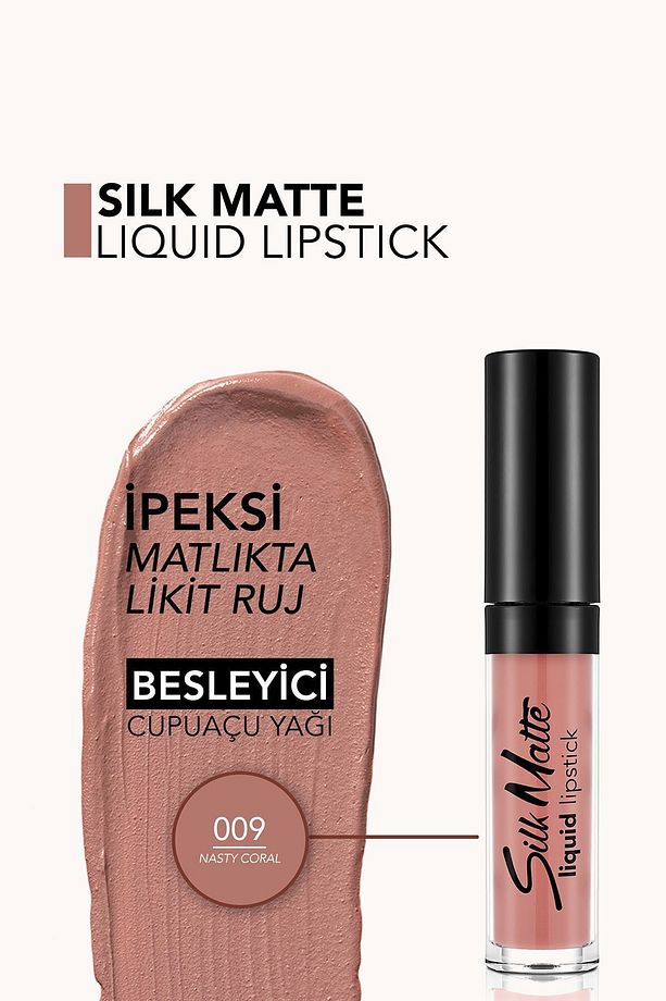 Kadife Dokulu Likit Mat Ruj - Silk Matte Liquid Lipstick - 009 NASTY CORAL - 8690604505364 - 4