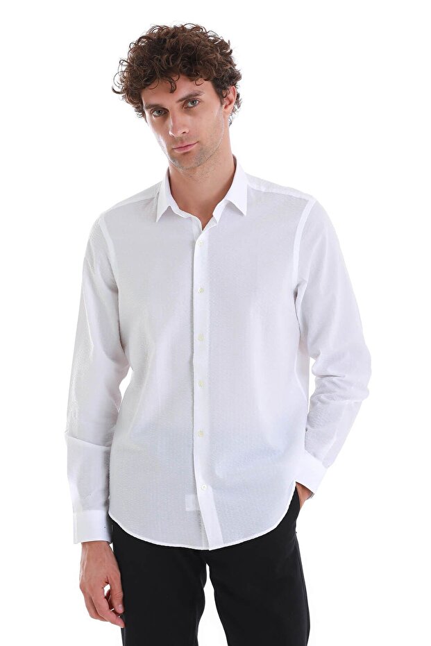 White Comfort Fit Plain 100% Cotton Slim Collar Long Sleeve Sports Shirt