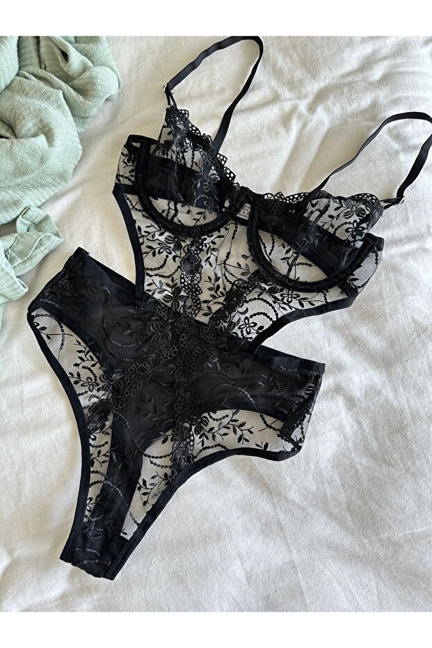 Siyah brode bodysuit - 1
