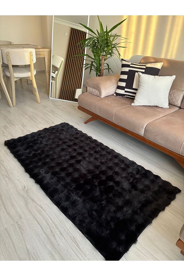 Ekstra Yumuşak Dokulu Siyah Bubble Tavşan Tüyü Darcio Dikdörtgen Post Peluş Halı - 1