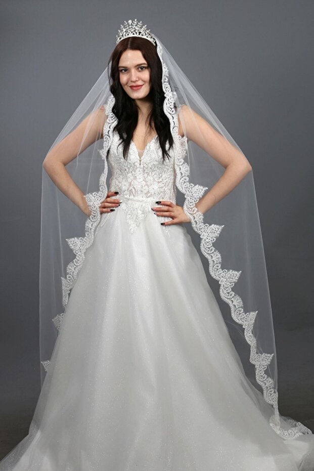 Lace Long Wedding Veil 230 cm Long with Sequin Embroidery in Off-White Color