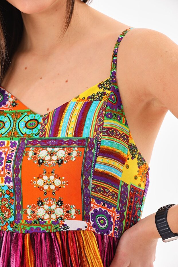 Askılı Patchwork Elbise - 8