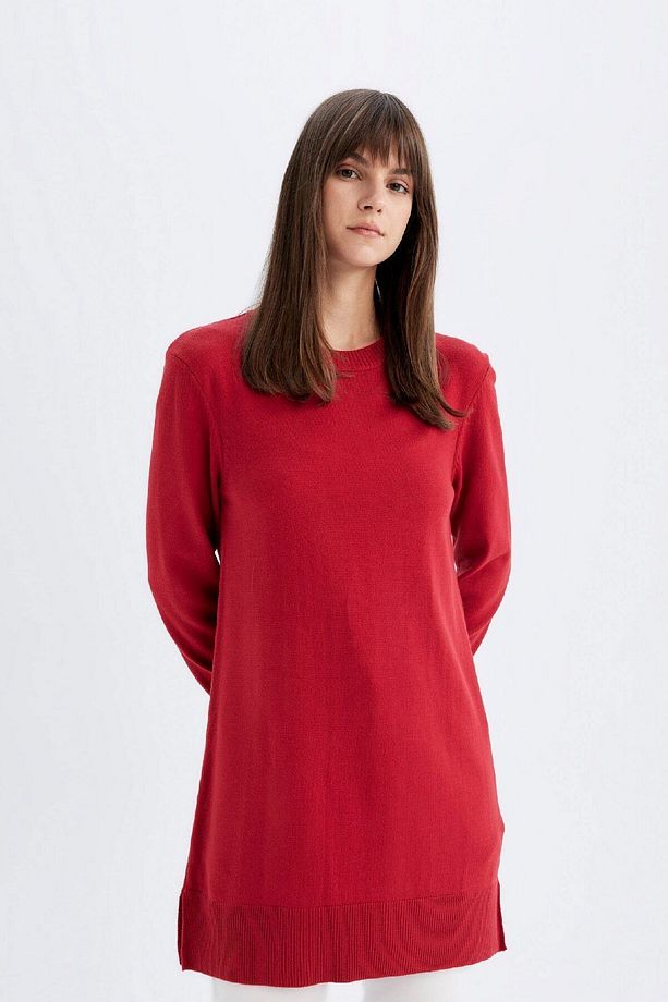 Regular Fit Bisiklet Yaka Yırtmaçlı Basic Düz Triko Kazak Tunik H3431az24au - 3