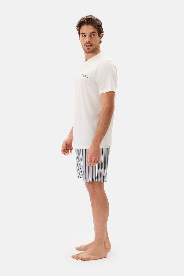 Ekru Yarım Patlı Kısa Kollu Şort Pijama Takımı - 3