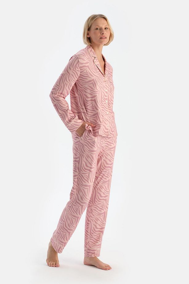 Açık Pembe Zebra Desenli Gömlek Pantolon Pijama Takımı - 3
