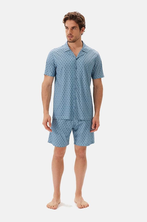 Mavi Desenli Gömlek Şort Pijama Takımı - 1