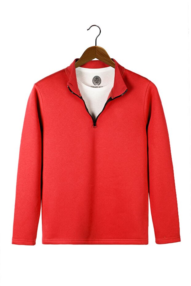 سويت شيرت رجالي عادي باللون الأحمر الفاتح - نصف سحاب - 1