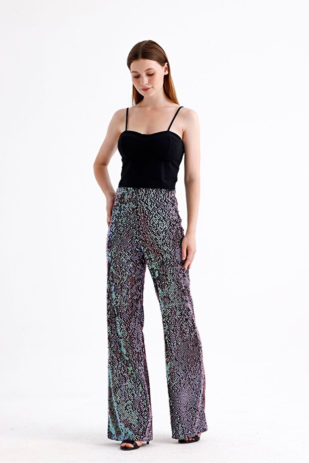 Wide Leg and Sequined Elastic Evening Trousers - Pnt33970 Black-Purple