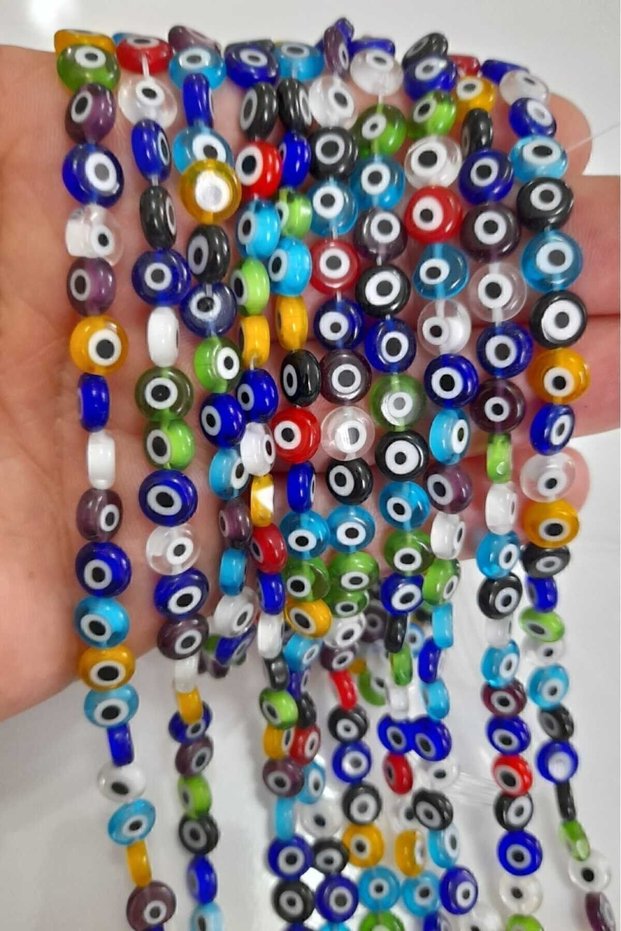 8 mm Mixed Color Flat Glass Evil Eye Bead String