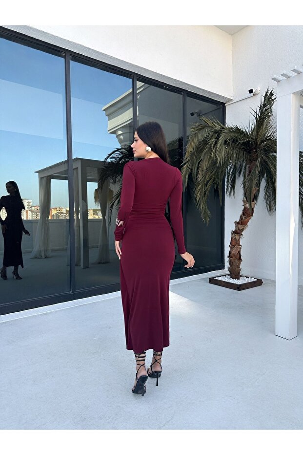 Claret Red Basic ντραπέ φόρεμα - 4