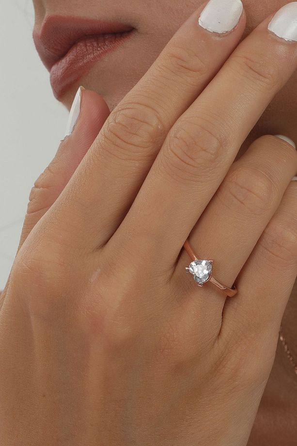925 Ayar Rose Kaplamalı Kalpli Kesim Tek Taş Gümüş Yüzük - 3