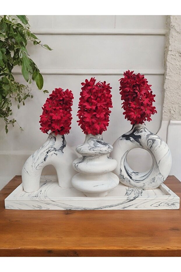 مجموعة مزهرية مزخرفة بنمط رخامي - ملحق مستطيل مع صينية صغيرة - 2