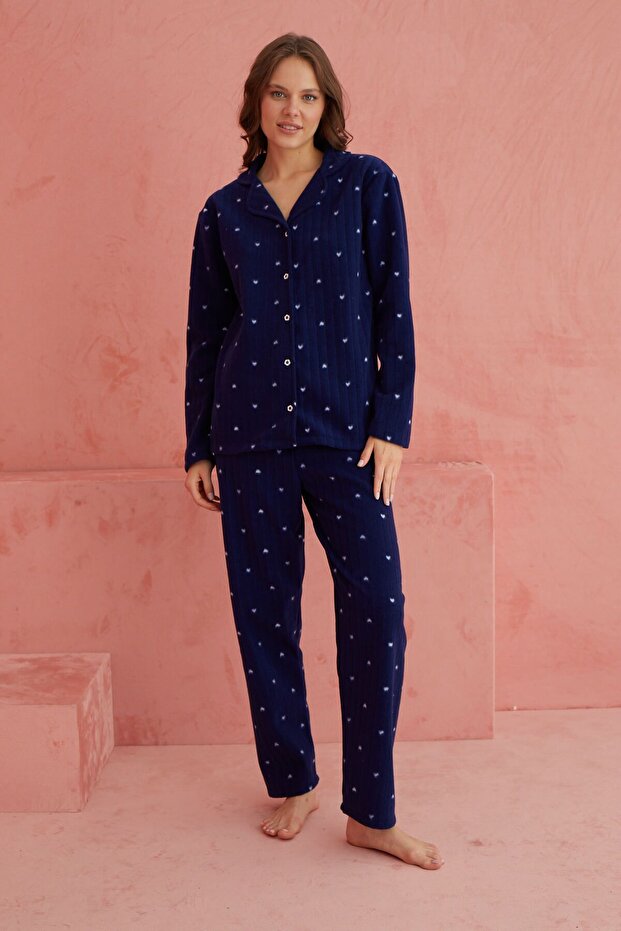 Lacivert Kalp Desenli Önden Düğmeli Polar Pijama Takım - 2