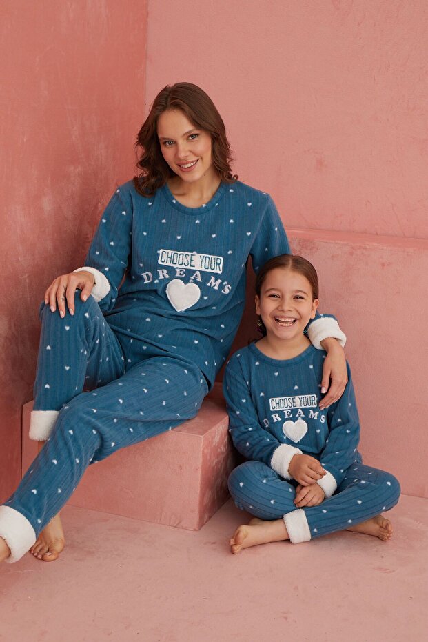 Yeşil Dreams Kalp Desenli Bisiklet Yaka Peluş Polar Pijama Takım - 1