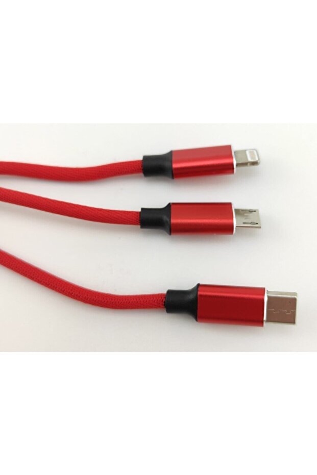 1,2 Metre 3 Lü Şarj Kablosu Mikro Usb Type-c Ios Lightning Kablo 2.4a Kırmızı - 3
