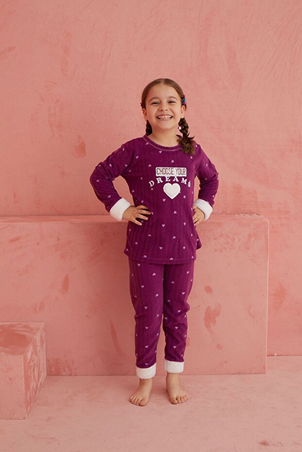 Mor Dreams Kalp Desenli Bisiklet Yaka Peluş Polar Pijama Takım - 3