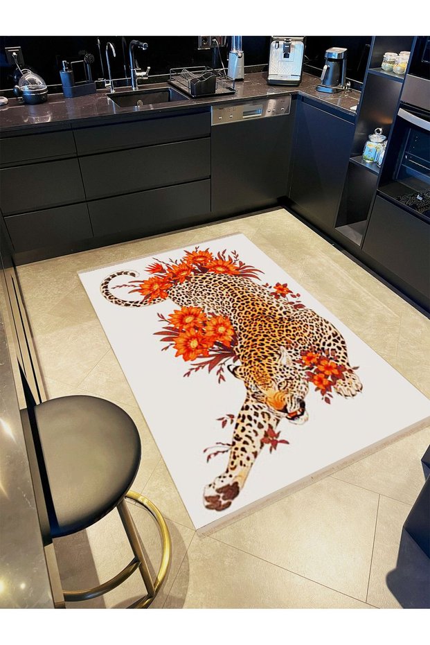 Pearl Collection Orange Theme Leopard and Flower Pattern Woven Base Modern Decorative Carpet Inci13