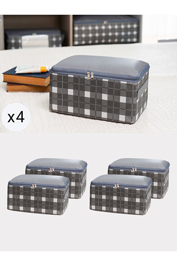 Gray Plaid Square Patterned 4-Piece Suitcase Organizer - Travel Case Set 30X20X15 cm