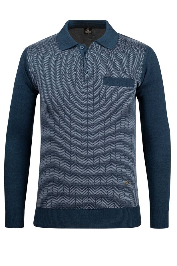 Men's Polo Neck Knitwear Petrol Sweater Patterned Steel Knit Classic Fit - 5007Fa