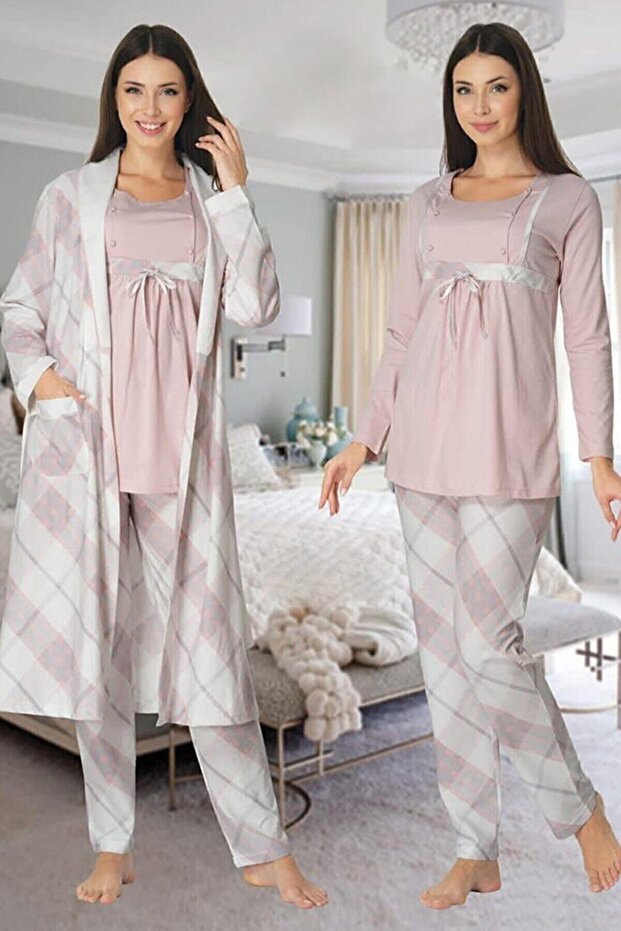 Effortt Maternity Plaid Dressing Gown 3-Piece Set