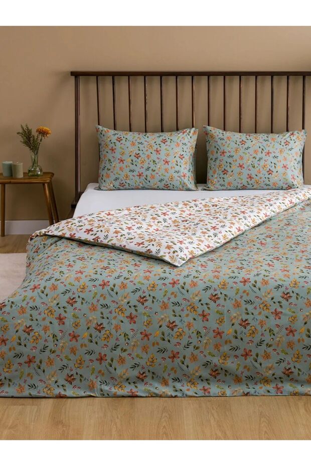 LCW HOME Mat Yeşil Çiçek Desenli Çift Kişilik Nevresim Seti - 1