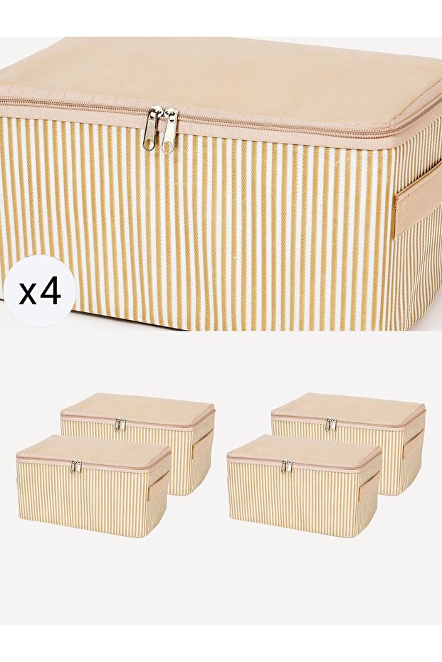 4 Pieces Small Size Cream Line Patterned Under-The-Bed Suitcase Organizer Travel Bag 30X20X15 cm
