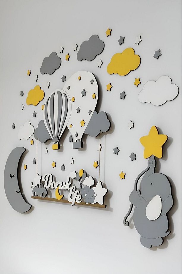 Balon Ay Ve Fil Üçlü Set - Işıklı Ahşap Bebek Kapı Ve Duvar Süsü - Sarı-gri - 5