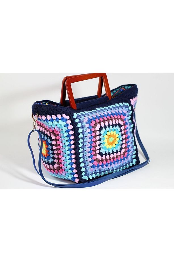Mavi Motif Detaylı El Örgüsü Handmade Bohem Tarzı Omuz Çantası - 3