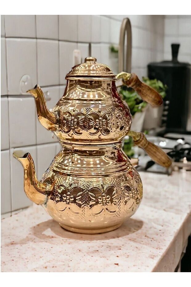 Bakır Çiçekli Büyük Çaydanlık - 4