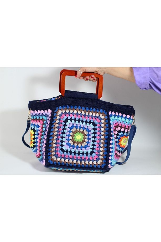 Mavi Motif Detaylı El Örgüsü Handmade Bohem Tarzı Omuz Çantası - 1