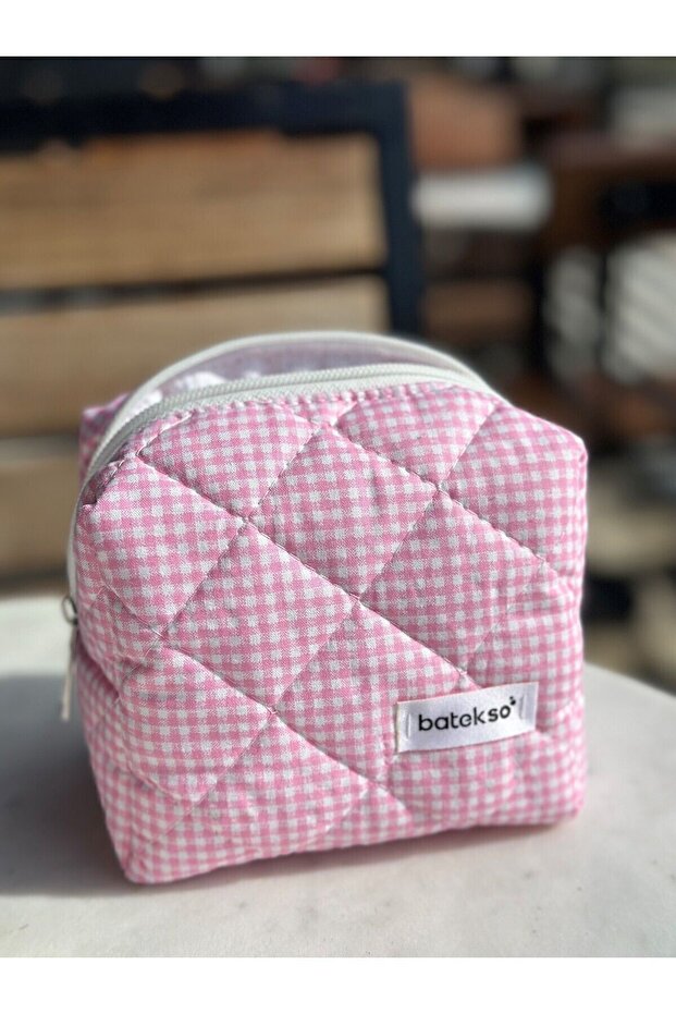 Pink Square Pattern Makeup Bag - Small Size - 1